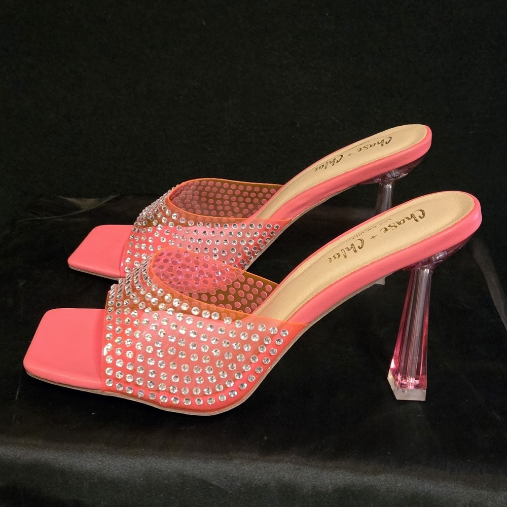 Chase + Chloe Fuchsia Crystal Slide Heels with Lucite Stiletto